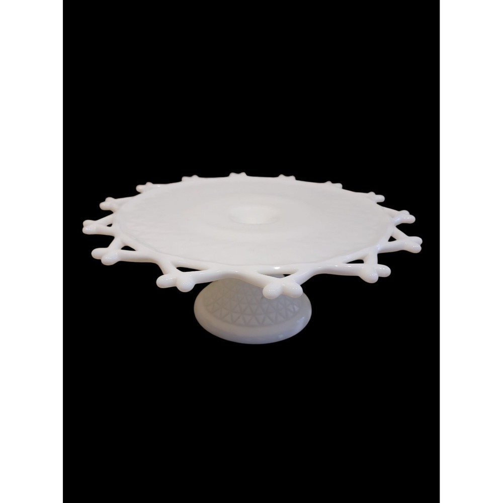 Vintage Westmoreland Milk Glass FleurDeLis Lace Edge Pedestal Cake Stand Plate